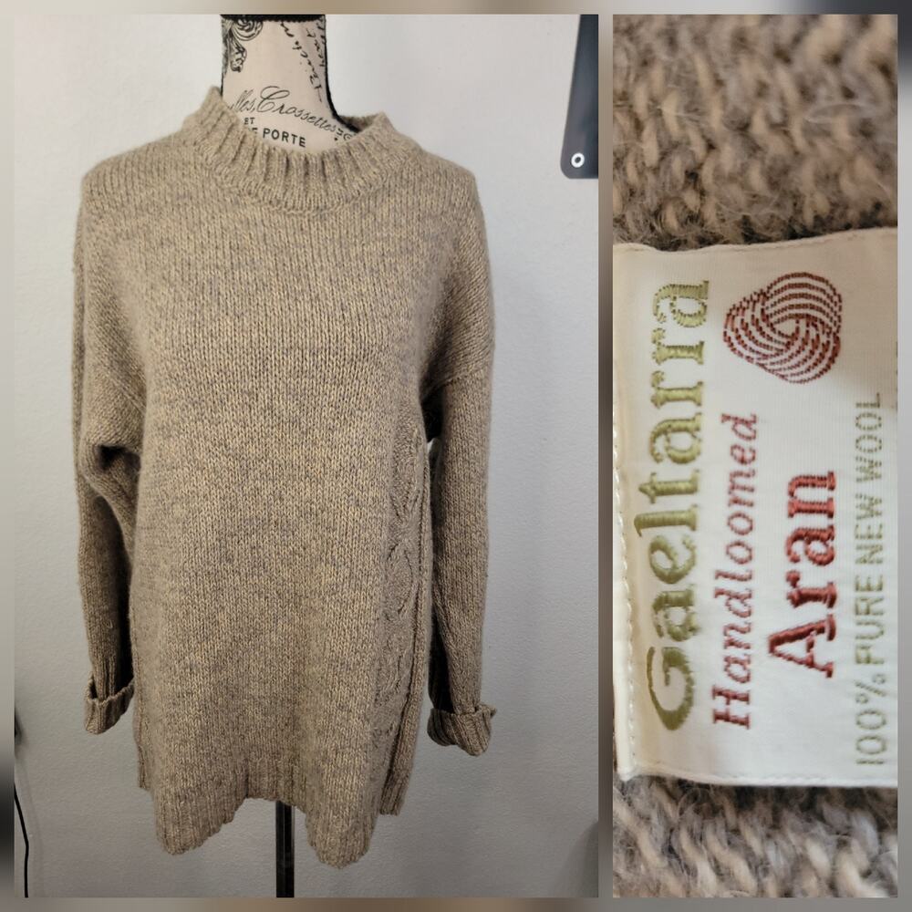 Vintage Gaeltarra Wool Sweater Sz 44" Aran Knit Irish Handloomed Fisherman
